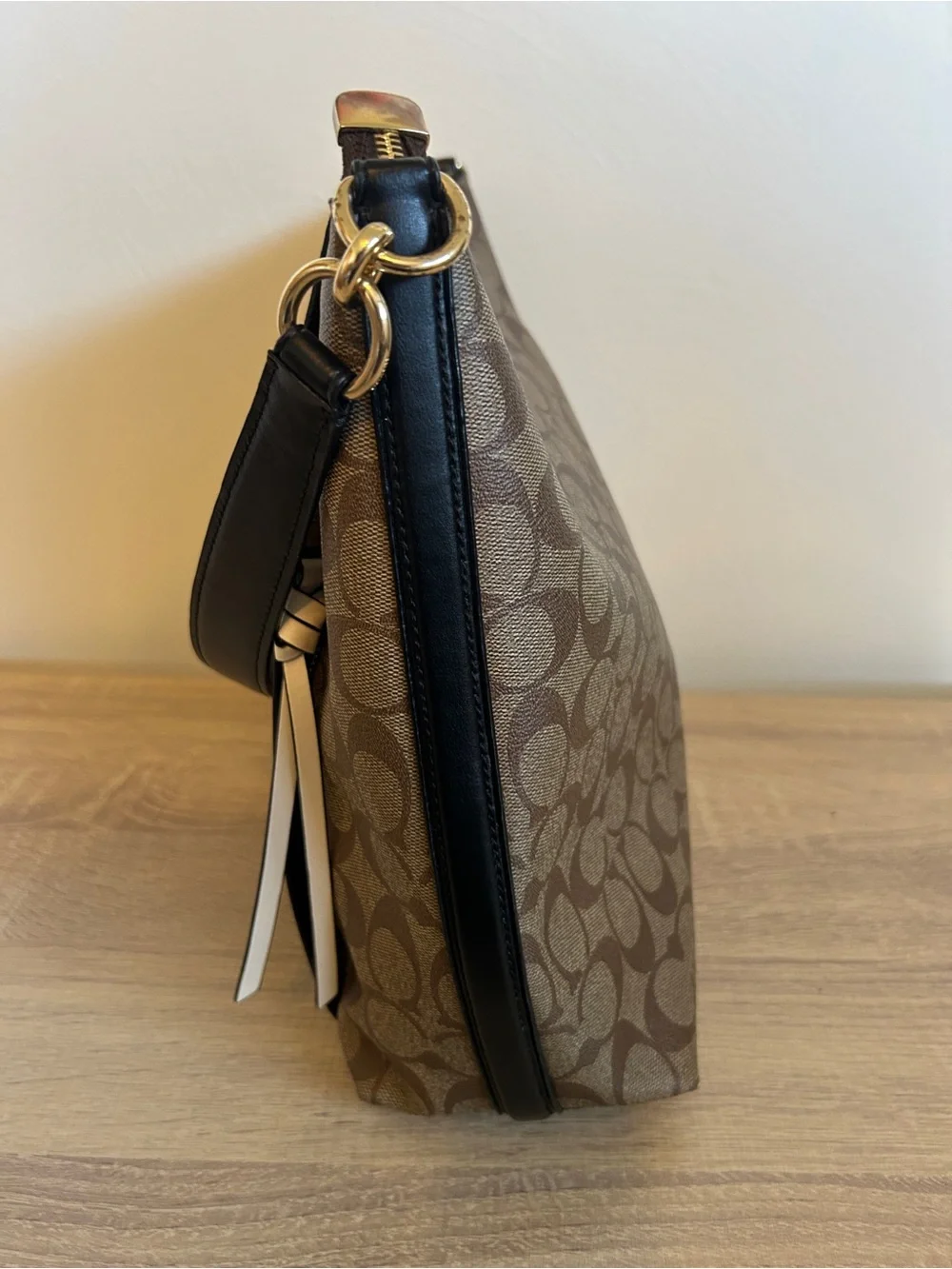 Coach Brown Signature Canvas Shoulder Bag with Black Strap and Gold Hardware